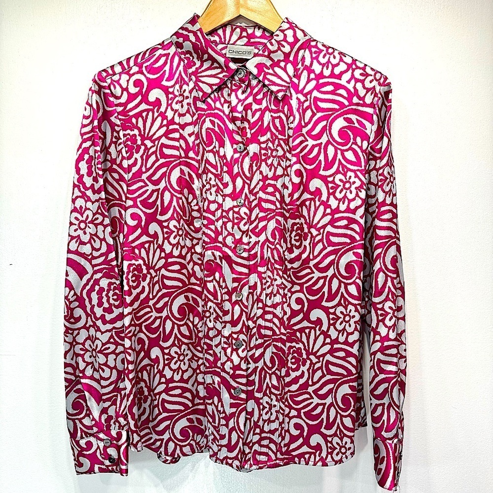 Chico’s Magenta & Silver Modern Garden Dayton Long Sleeve Button Front Shirt 1/M